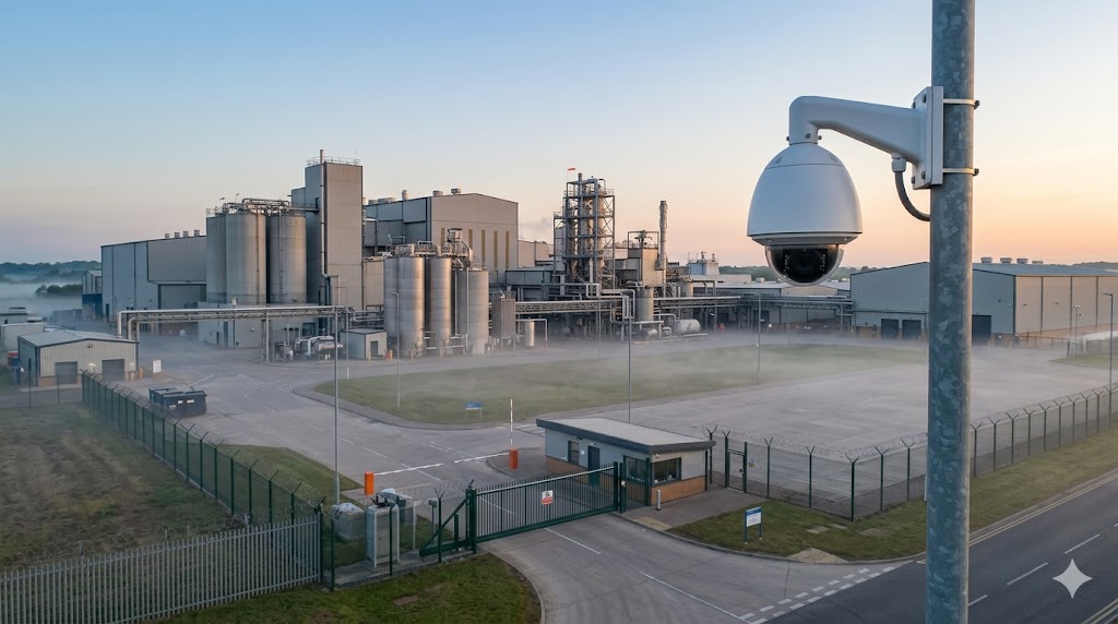 Industrial manufacturing facility with PTZ camera overlooking perimeter